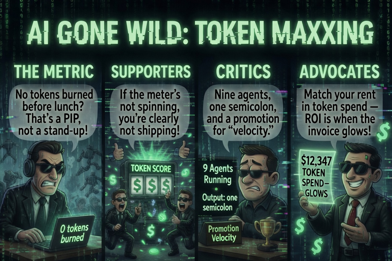 Satirical comic titled AI Gone Wild: Token Maxxing — four panels on token burn metrics, slot-machine token scores, nine agents outputting one semicolon, and glowing token spend invoices